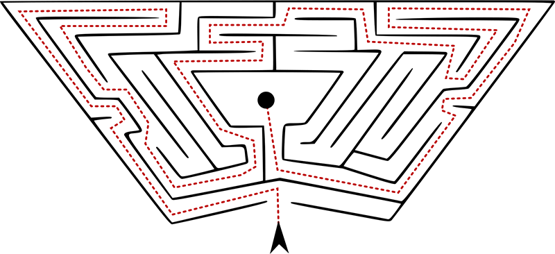 Illustration showing the way through the hedge maze at the Hampton Court Palace near London