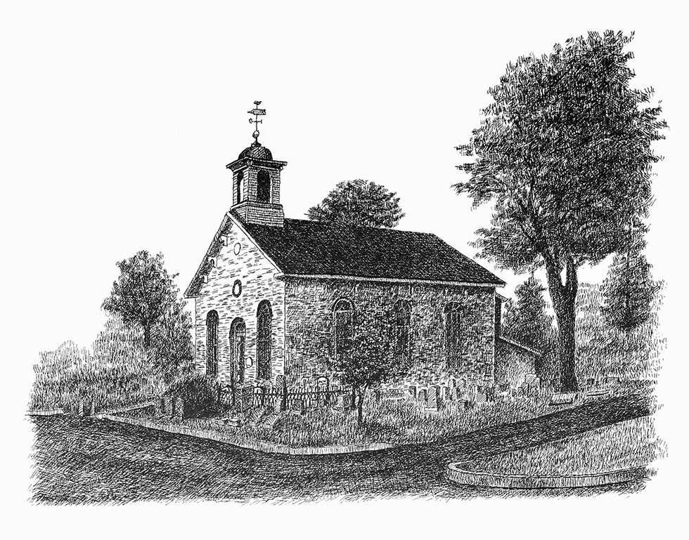 Crosshatch illustration of church with tree by Carmen Camarota