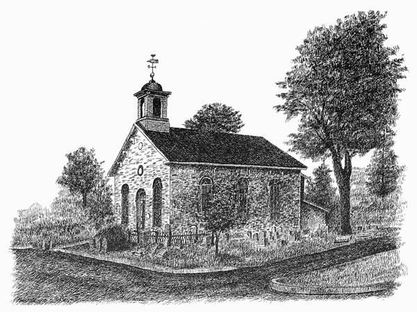 Crosshatch illustration of church with tree by Carmen Camarota