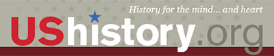 USHistory.org Logo - red, white, abd gray sans-serif type on gray background with stars and red border on bottom