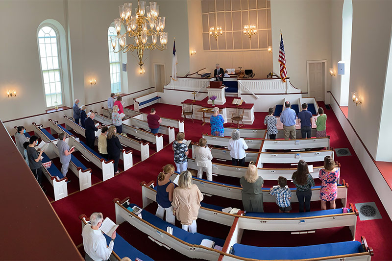 Congregation inside church at Sunday worship