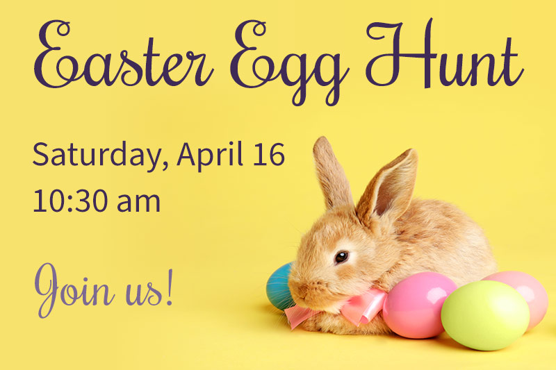 Graphic showing info about Easter egg hunt with photo of bunny and eggs