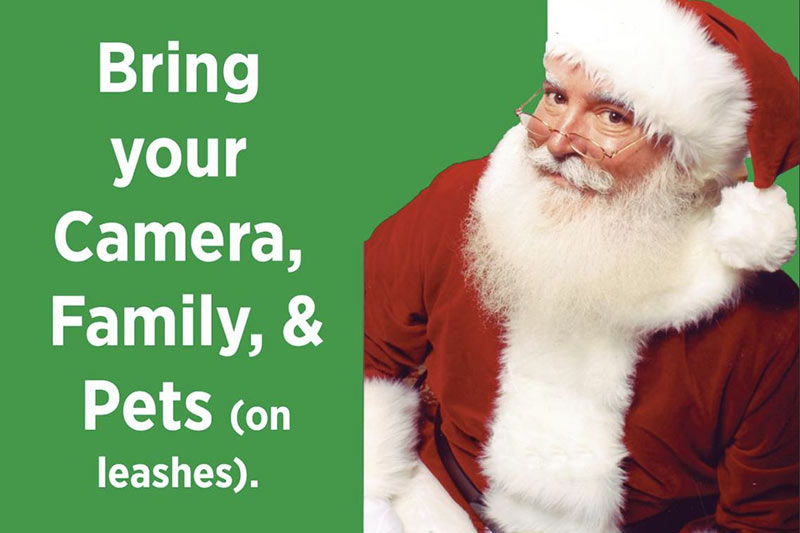Photo of Santa on green background with white sans-serif type