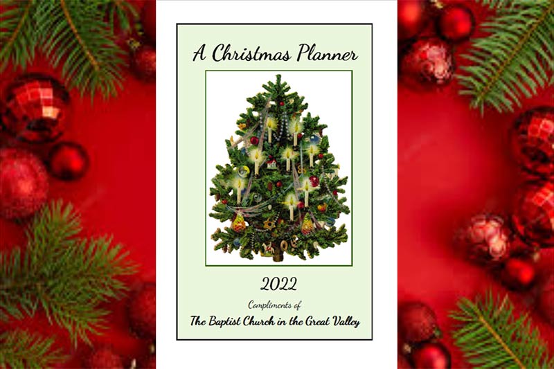 Graphic showing photo of a Christmas tree with script type over a photo of pine branches and red tree bulbs