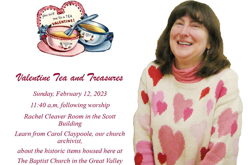 Photo of a woman wearing a heart sweater with an illustration of tea cups to left with script type below