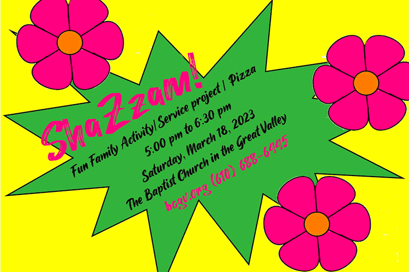 Graphic showing green burst with pink and black text on yellow background and pink flowers