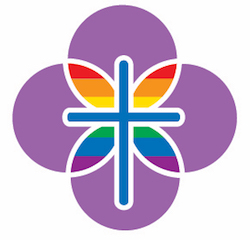 Association of Welcoming and Affirming Baptists Logo - blue cross with rainbow wings and purple circles behind