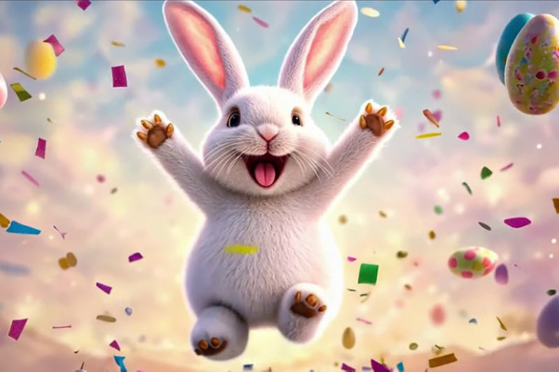 Illustration of a happy white bunny with confetti and eggs