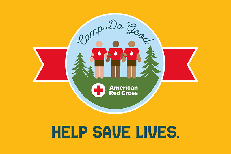 Graphic showing illustrated people that donated blood standing outside inside circle with red ribbon and yellow background
