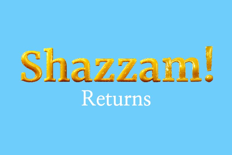 Graphic showing Shazzam! in gold serif type on cyan background