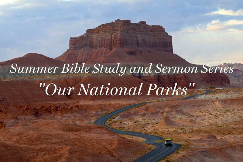 Photo of national park with overlaying white serif type