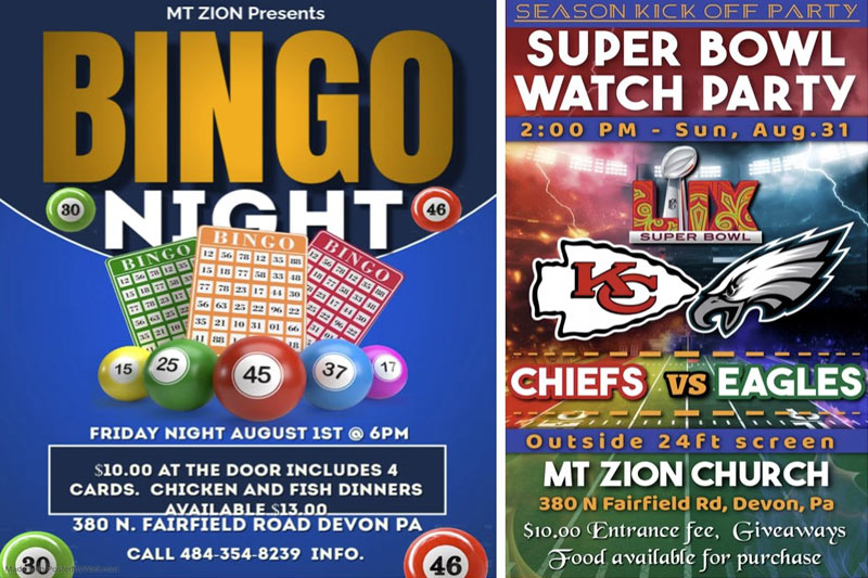 Graphic showing Bingo Night and Super Bowl party events