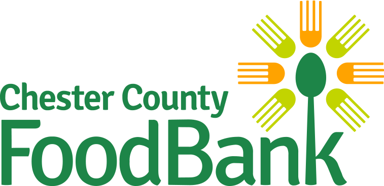 Chester County Food Bank Logo - Green serif type with spoon as ascender on letter K surrounded by orange and yellow forks