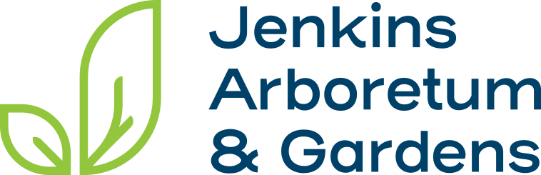 Jenkins Arboretum Logo - Navy blue sans-serif type with green leaves icon to left