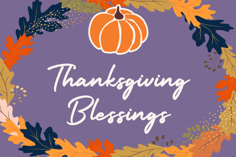 Graphic showing white script type with illustration of pumpkin and fall leaves