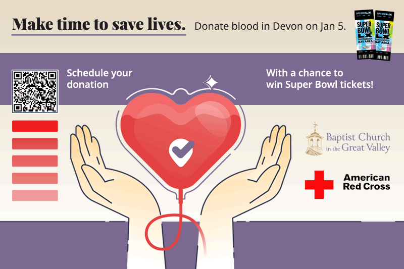 Graphic showing black type with illustration of hands and blood donation