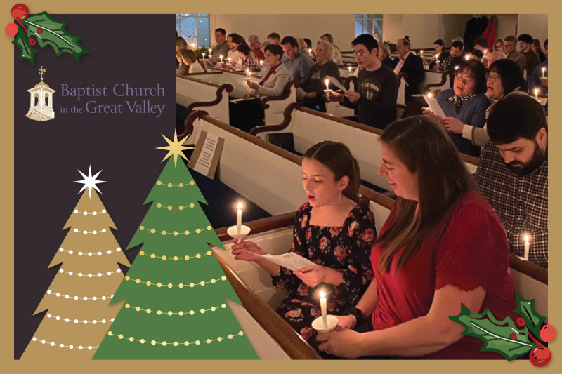 Graphic showing photo of church members at Christmas service with overlaying illustration of trees and holly leaves
