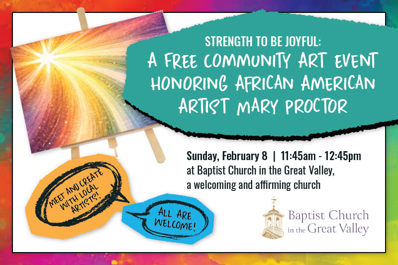 Graphic showing art on easel with crayon comment bubbles and white handwriting type over turquoise swash and black sans-serif type below with BCGV logo