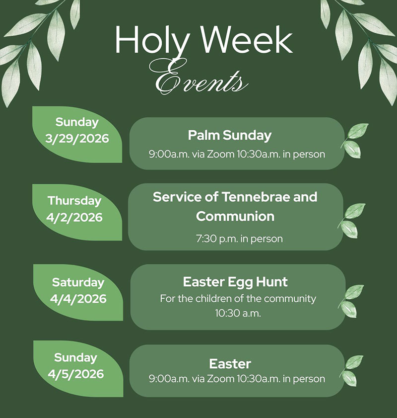 Graphic showing holy week events with green leaves on dark green background
