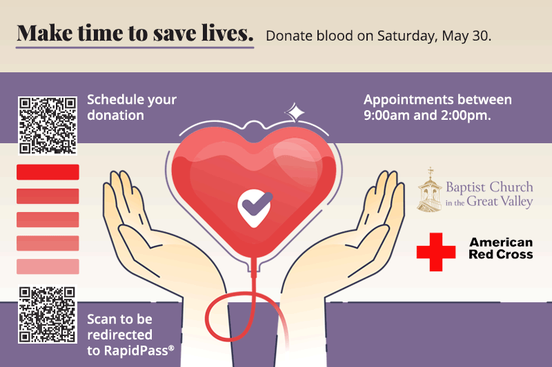 Graphic showing black type with illustration of hands and blood donation