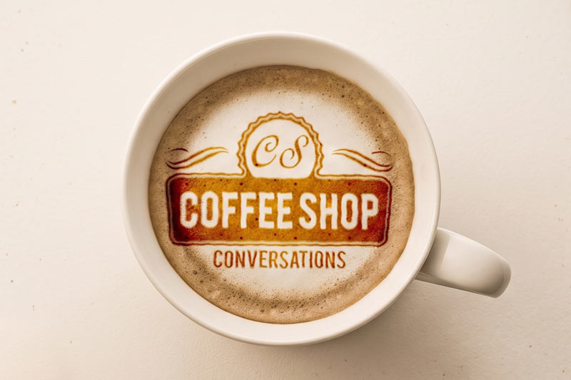 Photo of a cappuccino with Coffeeshop Conversations logo in foam