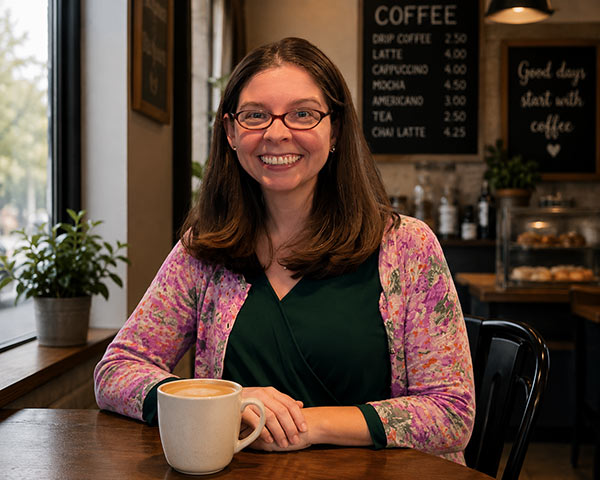 Photo of Pastor Rebecca D. Mygatt in a coffee shop
