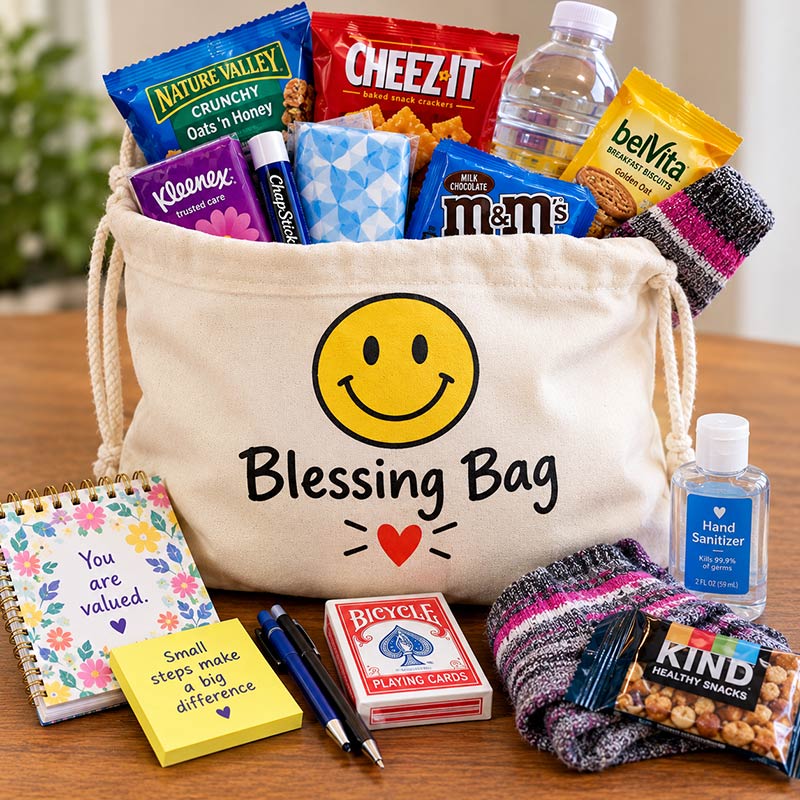 Photo of a Blessing Bag filled with snacks and other goodies