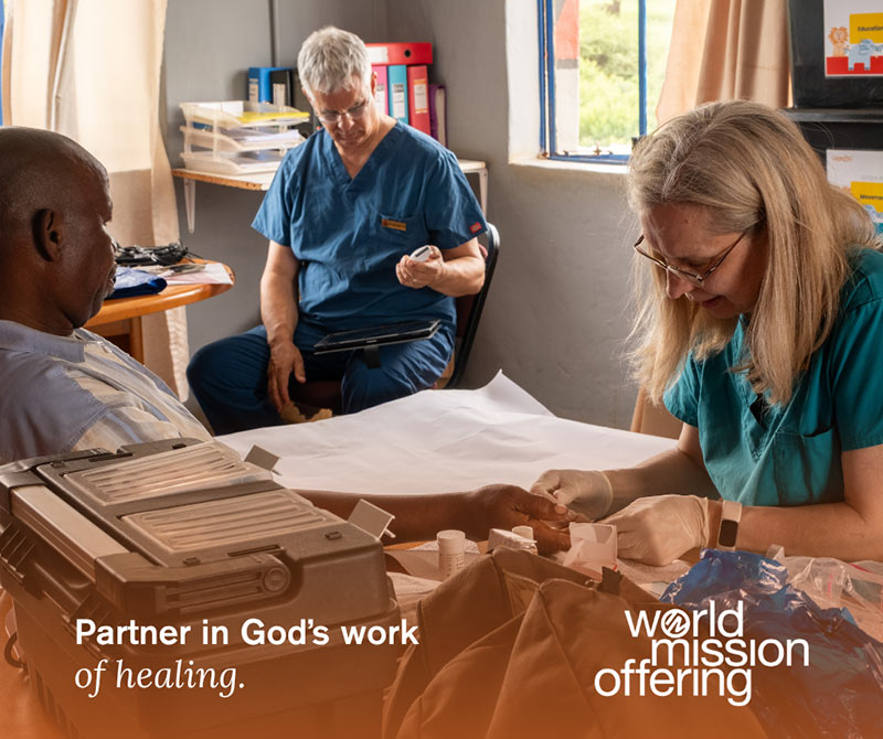 Photo of a nurse taking blood from a patient with overlaying World Mission Offering logo